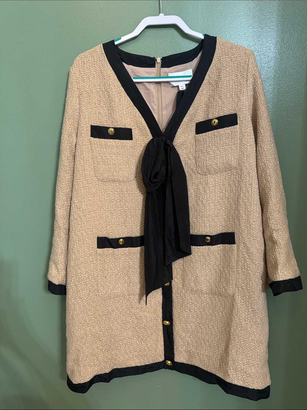 Tuckernuck Beige and Black Tweed Coat Dress with Bow